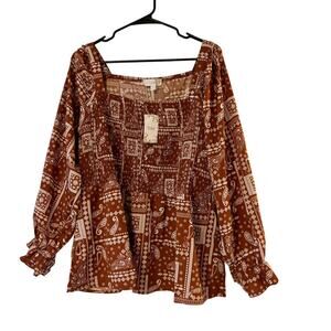 NWT Suzanne Betro Weekend Print Brown Ruffle Bell Sleeve Blouse Size 3X